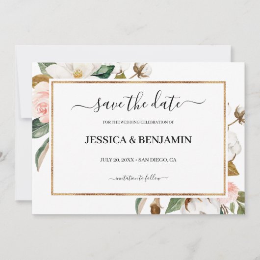 Magnolia Blumenkalligrafie Hochzeit retten das Dat Save The Date (Vorderseite)