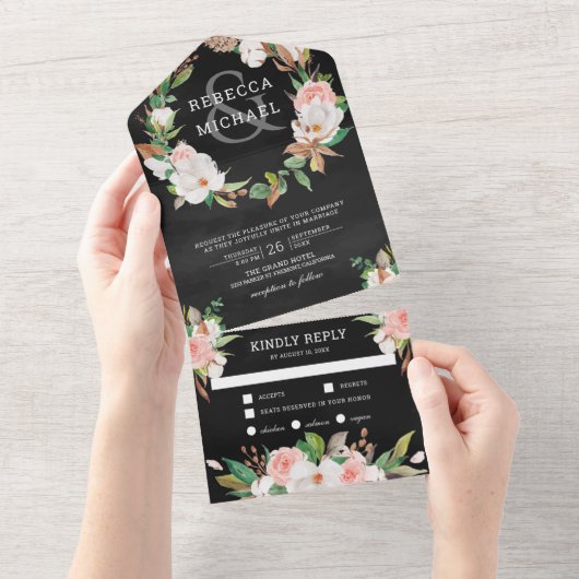 Magnolia Blush Pink Bloral Wreath Black Wedding All In One Einladung (Abreißen)