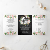 Magnolia Blush Pink Bloral Wreath Black Wedding Dreifach Gefaltete Einladung (Innenseite)