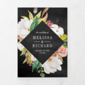 Magnolia Blush Pink Bloral Wreath Black Wedding Dreifach Gefaltete Einladung (Cover)