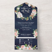 Magnolia Blush Pink Bloral Wreath Navy Hochzeit All In One Einladung (Innen Boden)