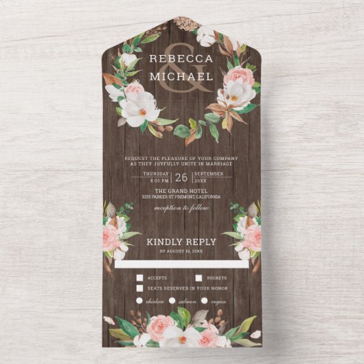 Magnolia Blush Pink Bloral Wreath Wood Wedding All In One Einladung (Innen Boden)