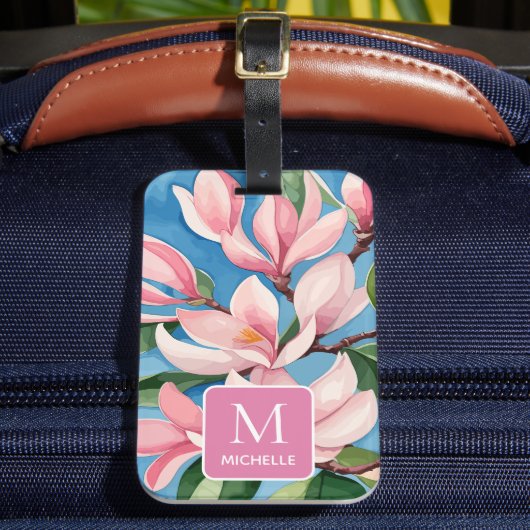Magnolia Botanische Moderne Kunst rosa Monogramm Gepäckanhänger (Vorderseite Insitu 2)