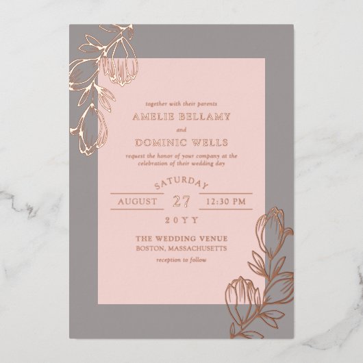 Magnolia Buds Blush Gray Rose Gold Wedding Folieneinladung (Vorderseite)