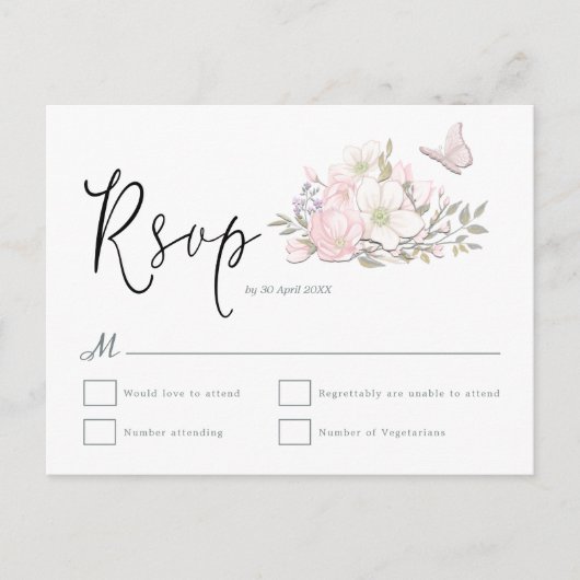 Magnolia Butterfly Wasserfarben Script Wedding RSV Postkarte (Vorderseite)