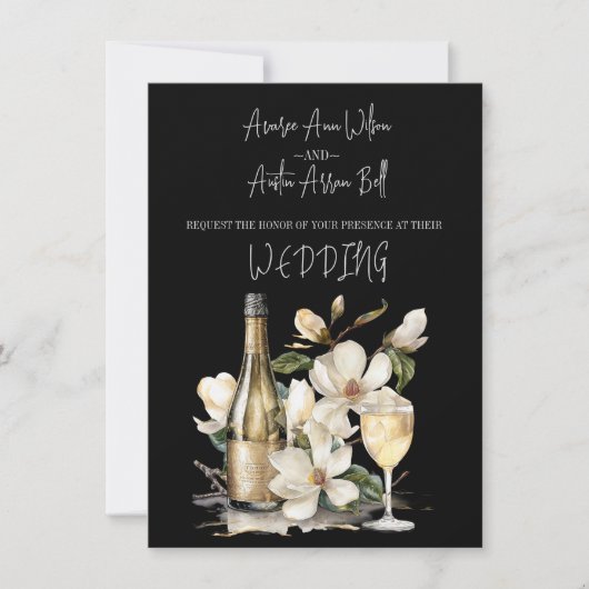 Magnolia Champagne und Gläser Weißer Text Einladung (Vorderseite)