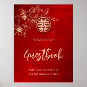 Magnolia Chinese Wedding Red Floral Guestbook Poster (Vorne)
