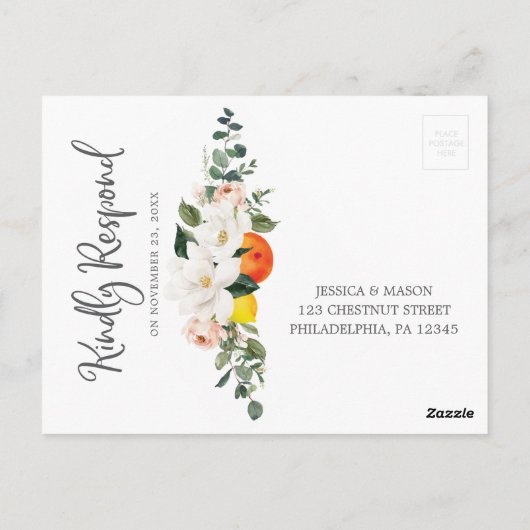 Magnolia Citrus Floral Wedding RSVP Postcard Postkarte (Rückseite)