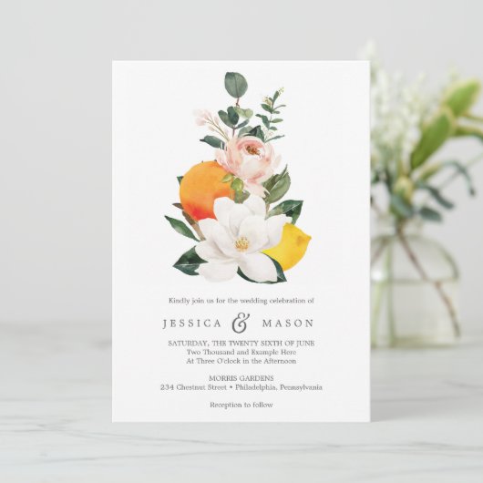 Magnolia Citrus Hochzeitseinladung Einladung (Stehend Vorderseite)