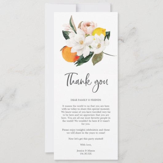Magnolia Citrus Wedding Menü und vielen Dank Einladung (Rückseite)
