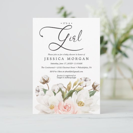 Magnolia Cotton Baby Shower Einladungskarte Einladung (Stehend Vorderseite)