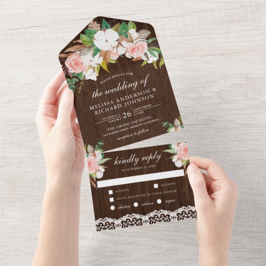 Magnolia Cotton Blush Pink Floral Wood Wedding All In One Einladung (Abreißen)