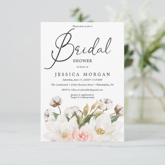 Magnolia Cotton Bridal Dusche Einladungskarte Einladung (Stehend Vorderseite)