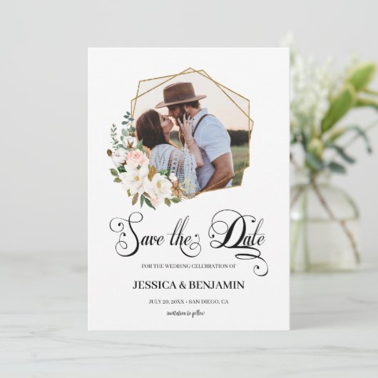 Magnolia Cotton Floral Blätter Goldenes geometrisc Save The Date (Stehend Vorderseite)