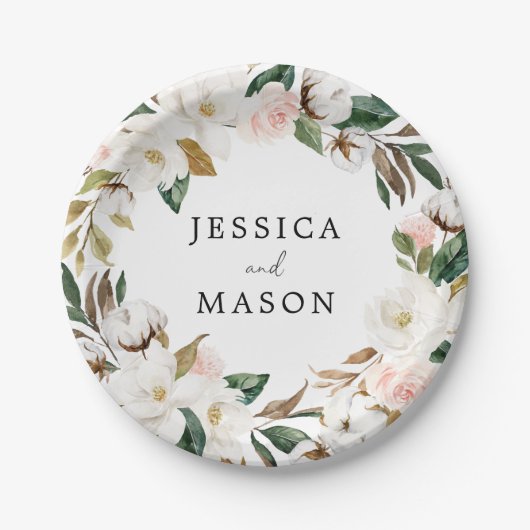 Magnolia Cotton Monogram Brautparty Paper Plate Pappteller (Vorderseite)