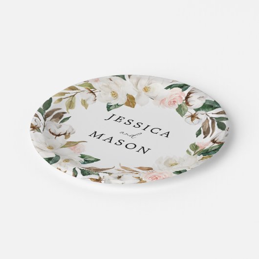 Magnolia Cotton Monogram Brautparty Paper Plate Pappteller (Schrägansicht)