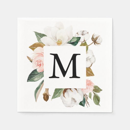 Magnolia Cotton Monogram Wedding Cocktail Serviette (Vorderseite)