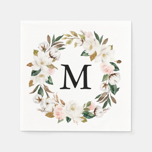 Magnolia Cotton Monogram Wedding Cocktail Serviette (Vorderseite)