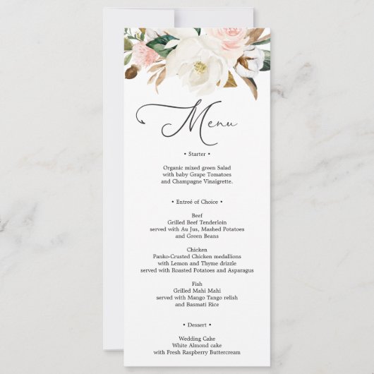 Magnolia Cotton Wedding Menu oder Brautparty Menu Einladung (Vorderseite)