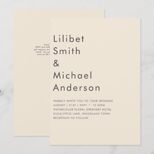 Magnolia Cream Modern Wedding Typografy Einladung (Vorne/Hinten)