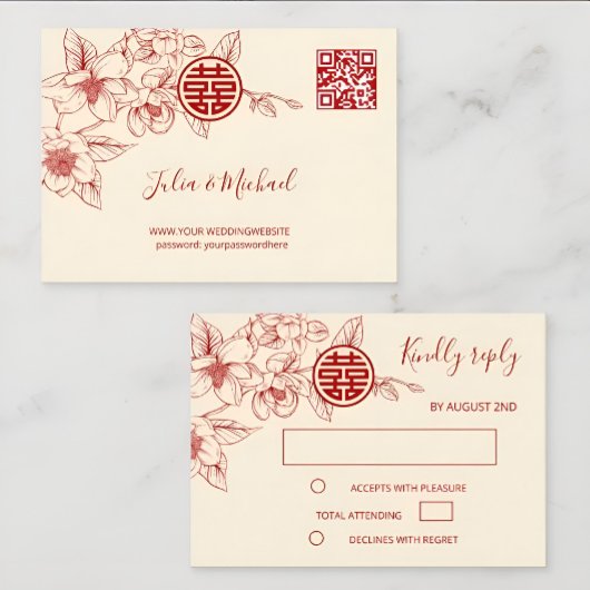 Magnolia Cream Red Chinese Wedding RSVP Karte
