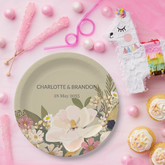 Magnolia Floral Bouquet Wedding Party Pappteller (Party)