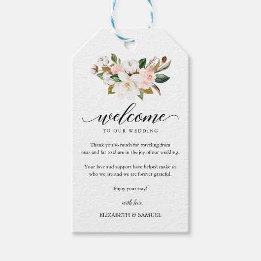 Magnolia Floral Bouquet Wedding Script Willkommen Geschenkanhänger (Vorderseite)