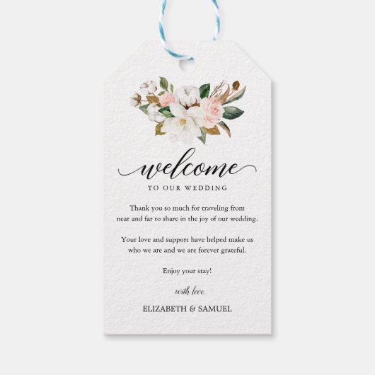 Magnolia Floral Bouquet Wedding Script Willkommen Geschenkanhänger (Rückseite)