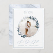 Magnolia Floral & Dusty Blue Circle Gerahmtes Foto Save The Date (Vorne/Hinten)