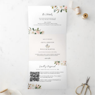 Magnolia Floral Foto Hochzeit mit UAWG QR Code Dreifach Gefaltete Einladung