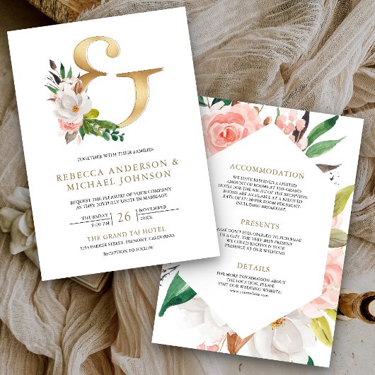 Magnolia Floral Gold Ampersand All in one Wedding Einladung