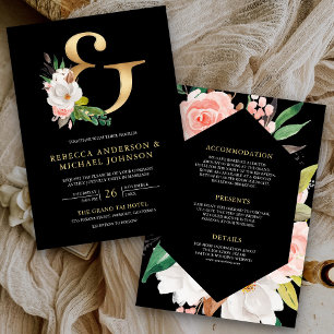 Magnolia Floral Gold Ampersand Black Wedding Einladung