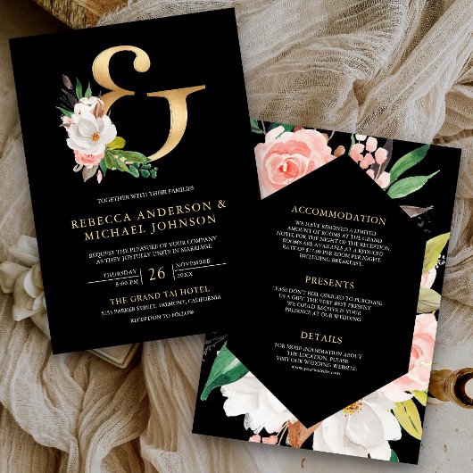 Magnolia Floral Gold Ampersand Black Wedding Einladung