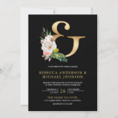 Magnolia Floral Gold Ampersand Black Wedding Einladung (Vorderseite)