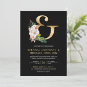 Magnolia Floral Gold Ampersand Black Wedding Einladung (Stehend Vorderseite)