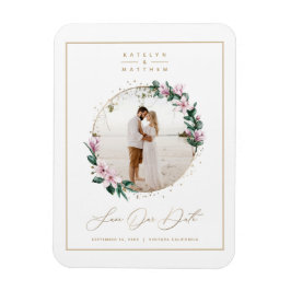 Magnolia Floral Gold Circle Foto Save the Date Magnet