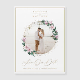 Magnolia Floral Gold Circle Foto Save the Date Magnetkarte