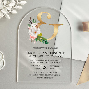 Magnolia Floral Gold Et-Zeichen Hochzeit Acryleinladungen