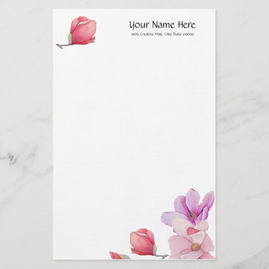 Magnolia Floral Linen Stationery Briefpapier (Vorderseite)