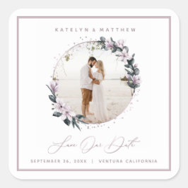 Magnolia Floral & Mauve Circle Foto Save The Date Quadratischer Aufkleber