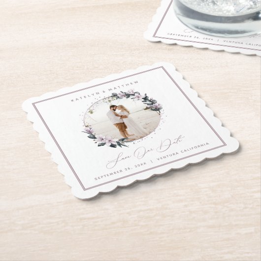 Magnolia Floral & Mauve Circle Foto Save The Date Untersetzer (angewinkelt)