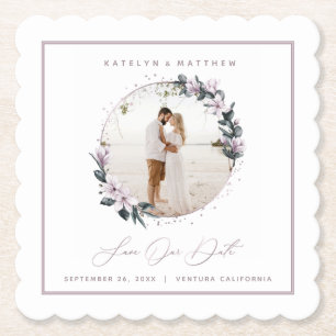 Magnolia Floral & Mauve Circle Foto Save The Date Untersetzer