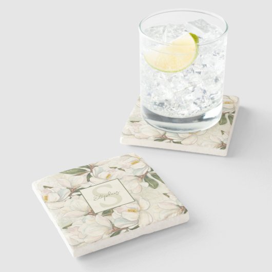 Magnolia Floral Monogram Stone Untersetzer (Seitenansicht)