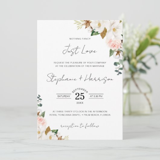 Magnolia Floral Nichts Extravagant nur Liebe Hochz Einladung (Stehend Vorderseite)