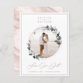 Magnolia Floral & Rose Gold Circle Gerahmtes Foto Save The Date