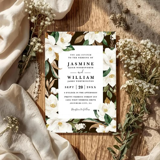 Magnolia Floral Rustic Elegant QR Code Wedding Einladung