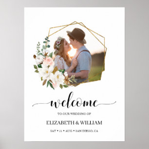 Magnolia Floral Script Foto Wedding Welcome Sign Poster