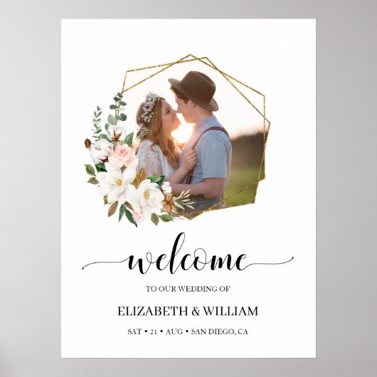 Magnolia Floral Script Foto Wedding Welcome Sign Poster (Vorne)