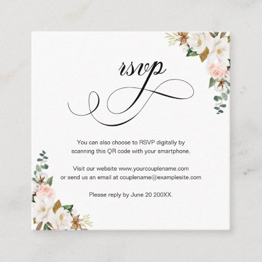 Magnolia floral Script QR Code Wedding RSVP Card Begleitkarte (Vorderseite)