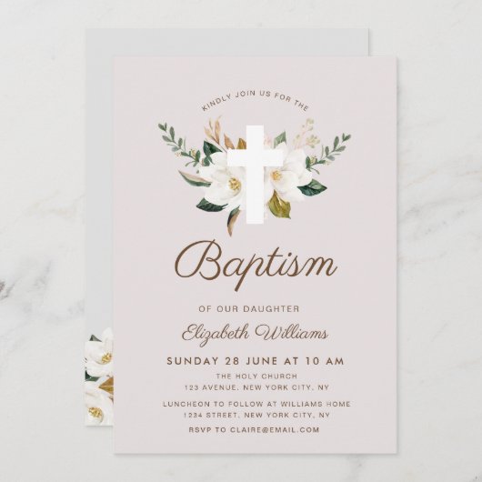 Magnolia floral Taufe Einladung (Vorne/Hinten)